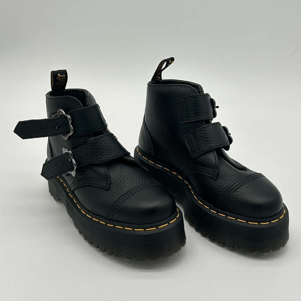 Dr. Martens Devon Flower Buckle Black Leather Platform Boots Women's‎ UK 4 US 6